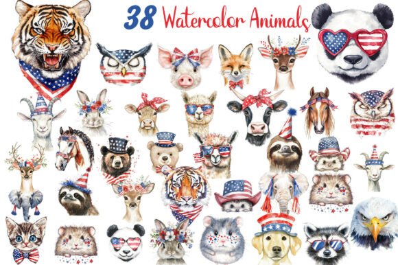 Vibrant Watercolor Animal 4th of July Clipart for Creative Projects