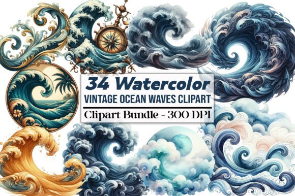 Vintage Ocean Waves Clipart: Elevate Your Visual Design Projects